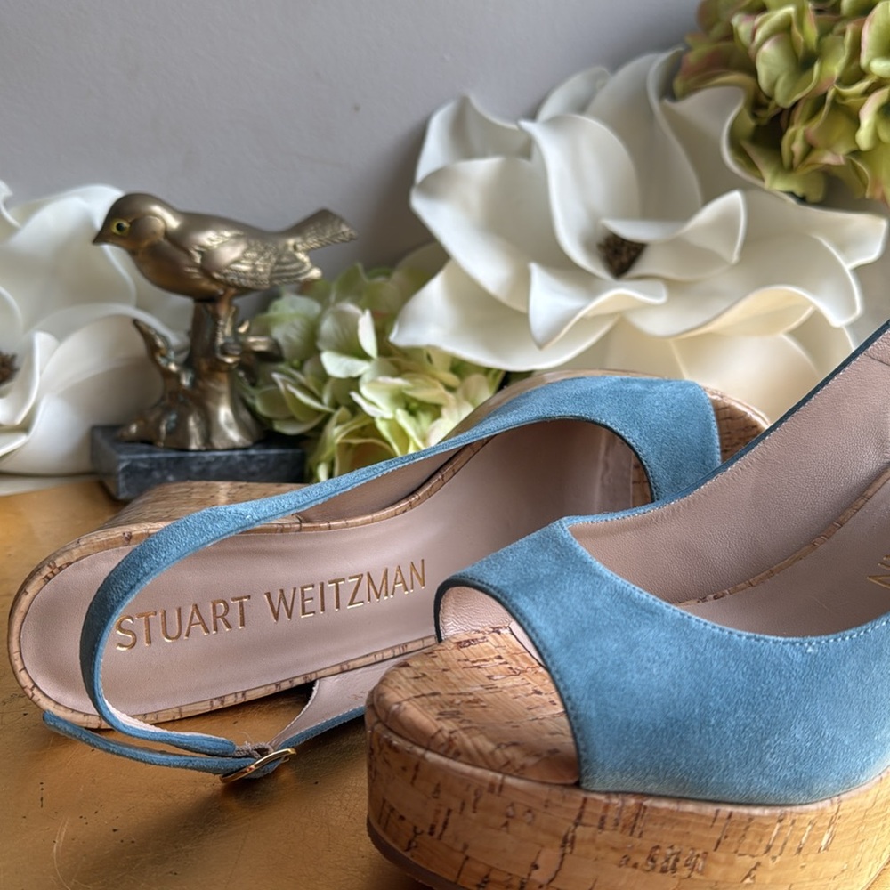Stuart Weitzman Platform Gloss Cork Wedges in Blue Suede - Picture 8 of 16